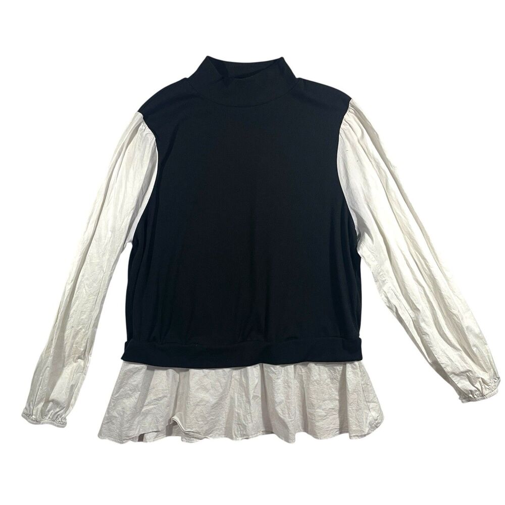 Moa Moa Blouse 1X Plus Size Black Turtleneck White Layered 2-Piece Look Y2K Top